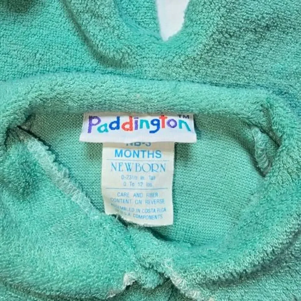 Paddington Bear Newborn to 0-3 month vintage green terry cloth footed sleepwear